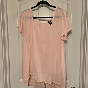 Torrid Light Pink Blouse with Lace Hem And Button Back